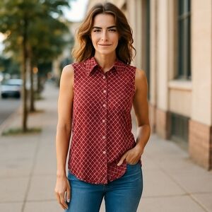 St. John's Bay Woman Sleeveless Blouse Top Red and White Arabisque Boho Style